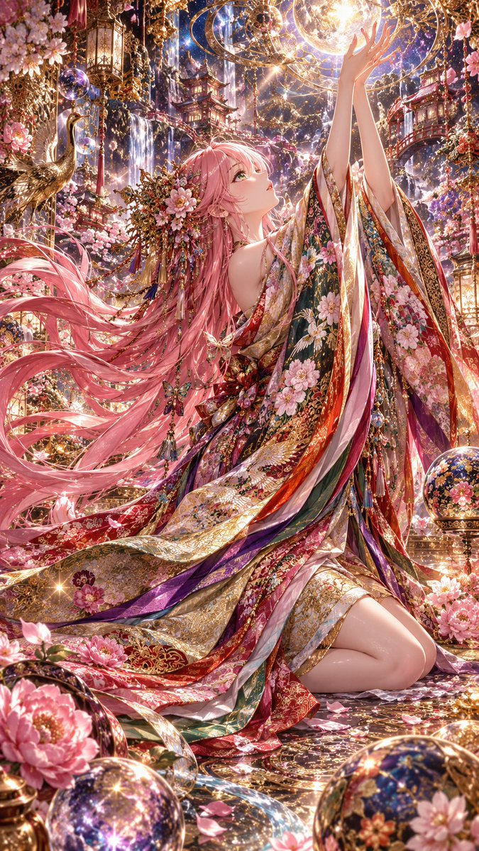 Create a highly detailed vertical anime fantasy illustration of a graceful young woman in an opulent celestia… - AI提示词参考图，来自西西提示词