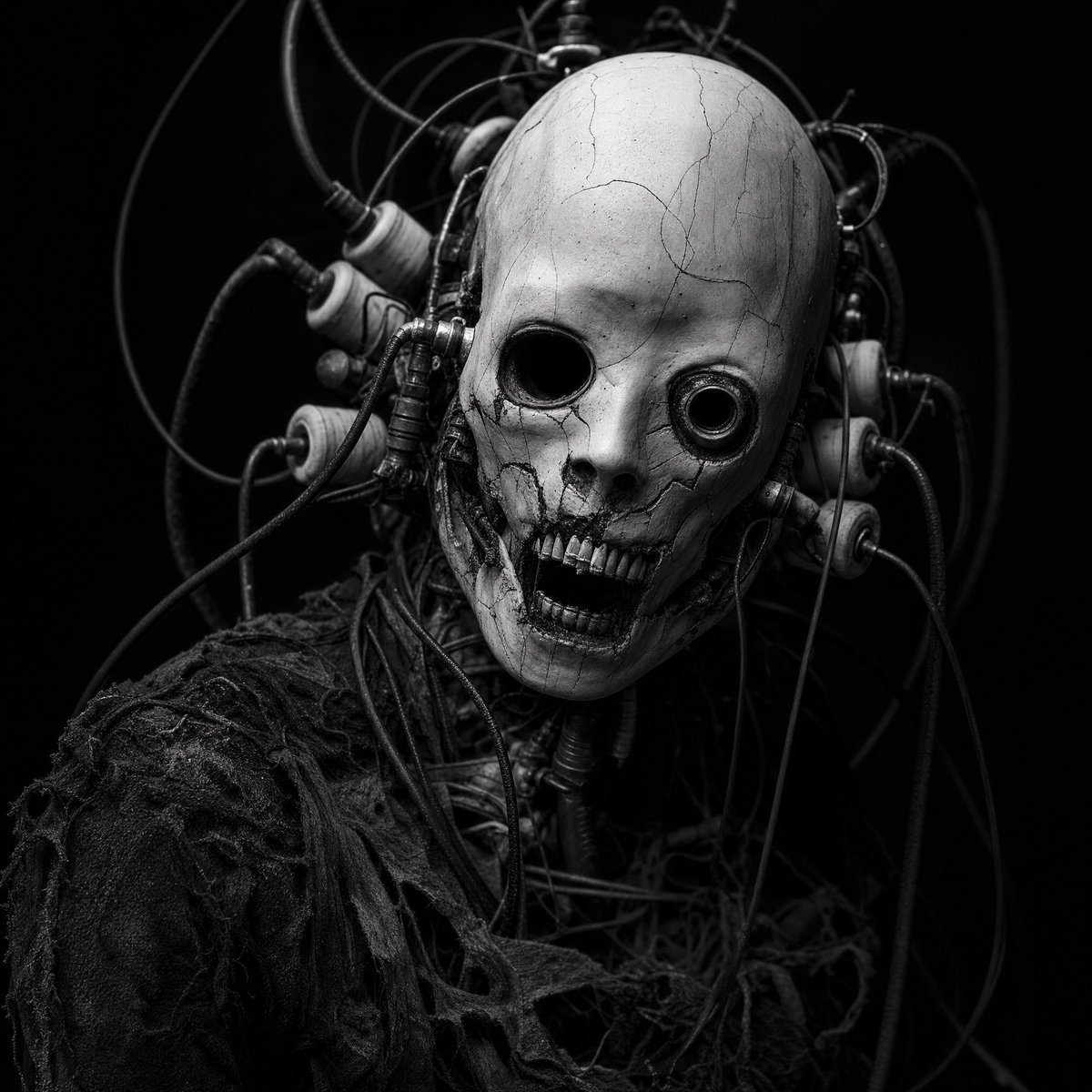 Cybernetic horror portrait, {argument name="subject" default="gaunt humanoid figure"} with cracked porcelain-… - AI提示词参考图，来自西西提示词