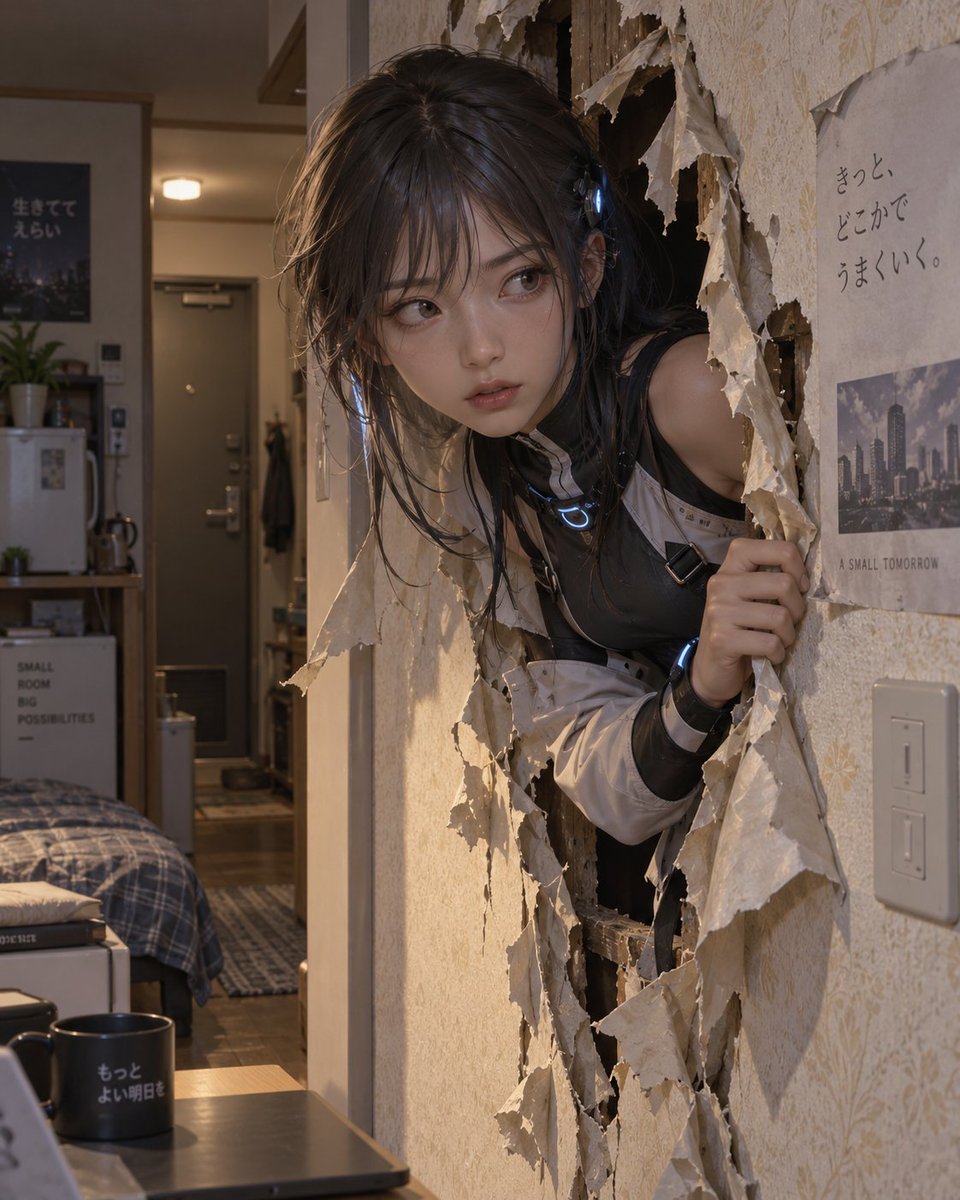 A {argument name="character" default="girl"} breaking through the wall of {argument name="location" default="… - AI提示词参考图，来自西西提示词