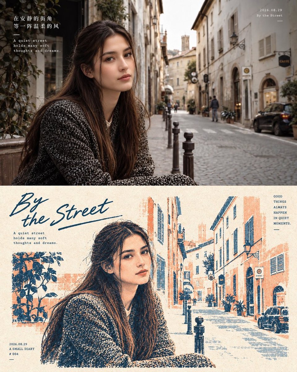 Create a realistic two-panel editorial travel diary poster using the first image as the exact composition/ref… - AI提示词参考图，来自西西提示词