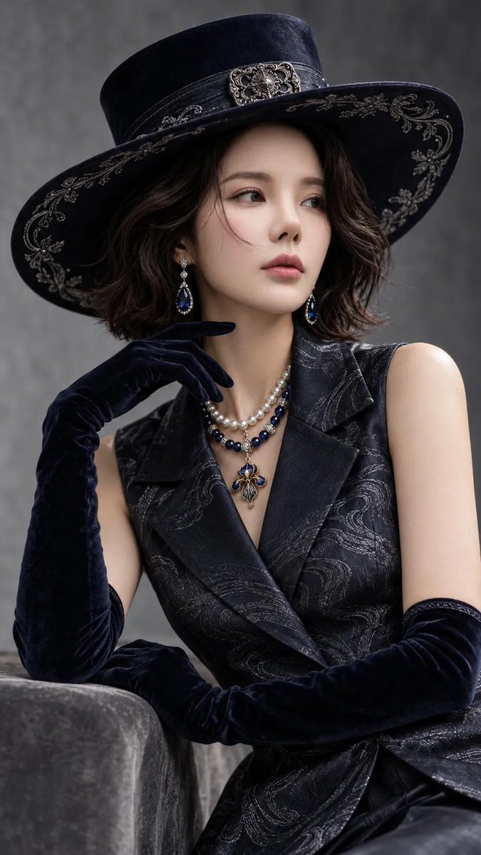 High-fashion studio portrait of an elegant {argument name="ethnicity" default="East Asian woman"} with wavy s… - AI提示词参考图，来自西西提示词