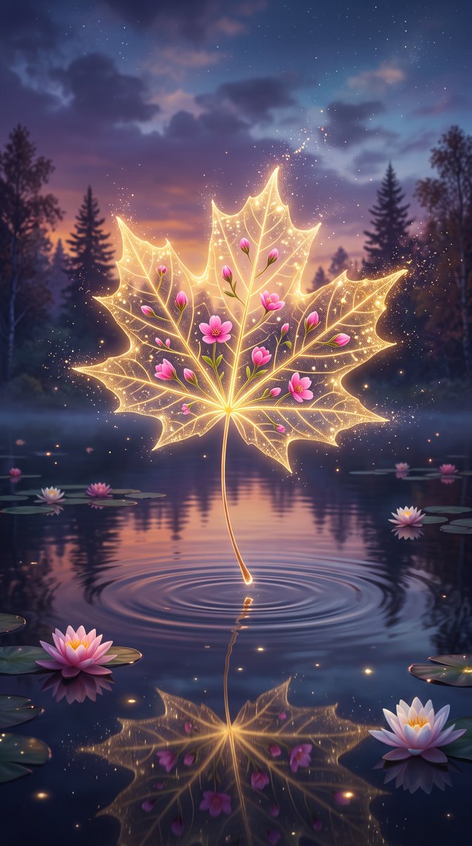 An enchanting and surreal digital art piece featuring a translucent, golden maple leaf hovering magically abo… - AI提示词参考图，来自西西提示词