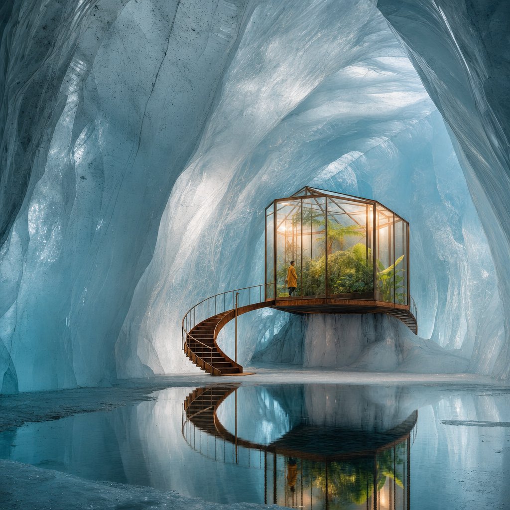 a {argument name="structure" default="greenhouse"} inside a {argument name="location" default="glacier"} - AI提示词参考图，来自西西提示词