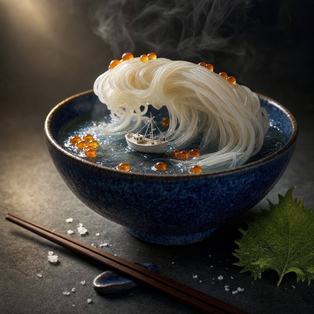 A {argument name="subject" default="tiny fishing boat"} caught in a {argument name="material" default="noodle… - AI提示词参考图,来自西西提示词