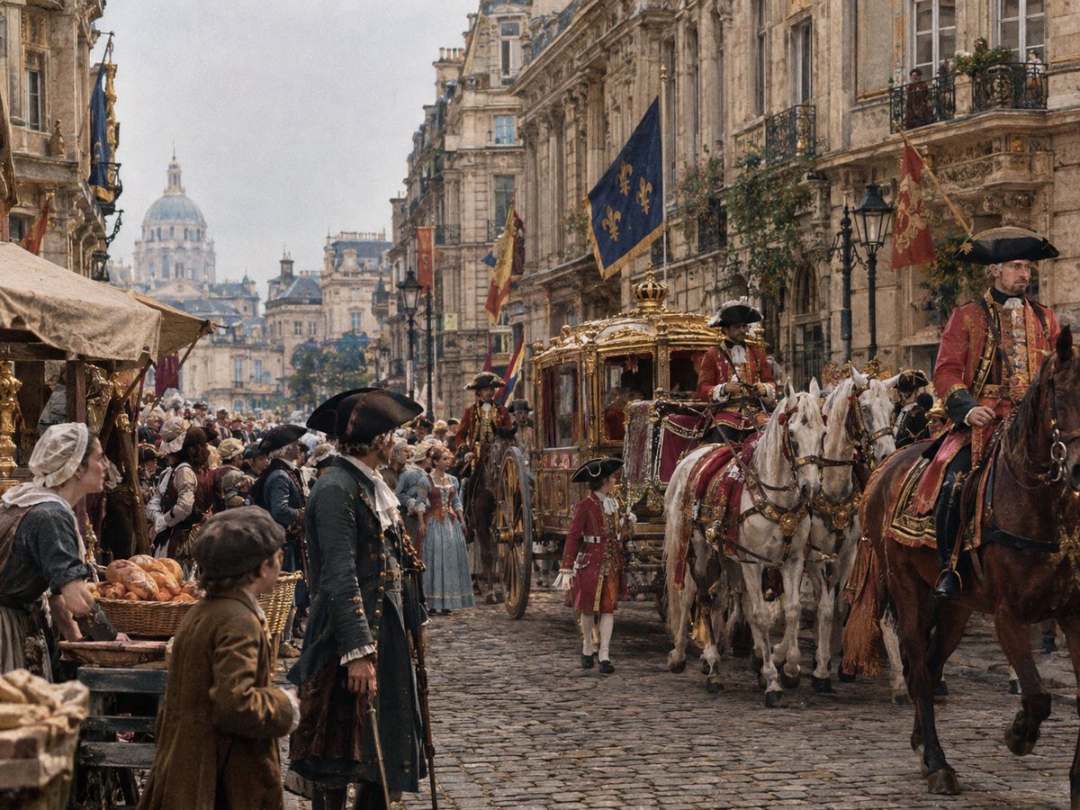 An ultra-realistic candid photograph of a grand European city street in 1765, just as a royal carriage passes… - AI提示词参考图，来自西西提示词