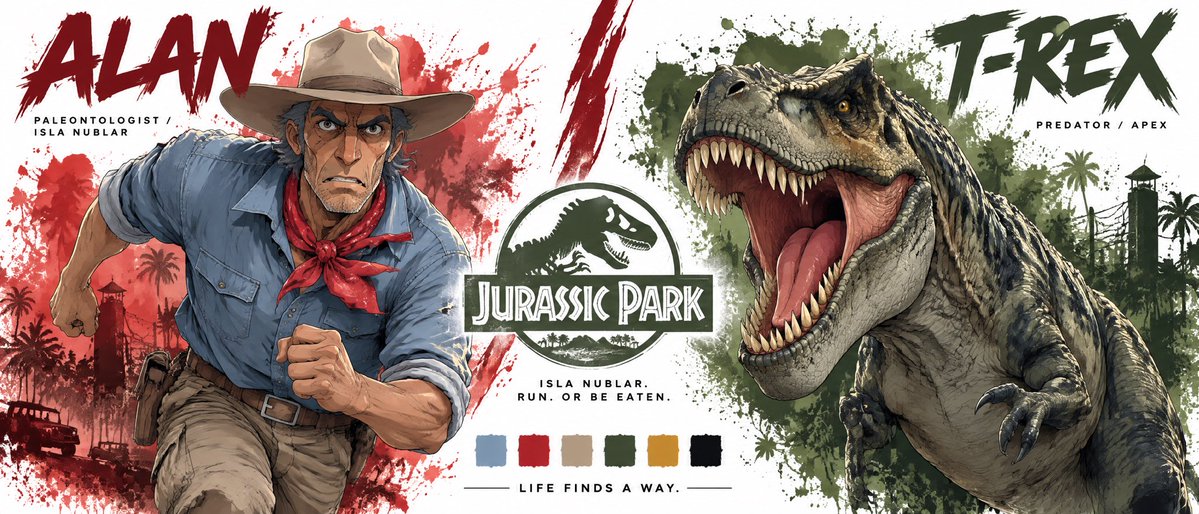 Create a premium cinematic character bible sheet for {argument name="characters" default="ALAN & T-REX"}. Use… - AI提示词参考图，来自西西提示词