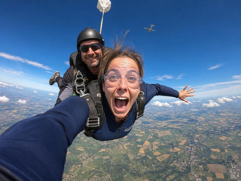 un selfie en plein {argument name="action" default="premier saut en parachute"}. La personne au premier plan,… - AI提示词参考图，来自西西提示词