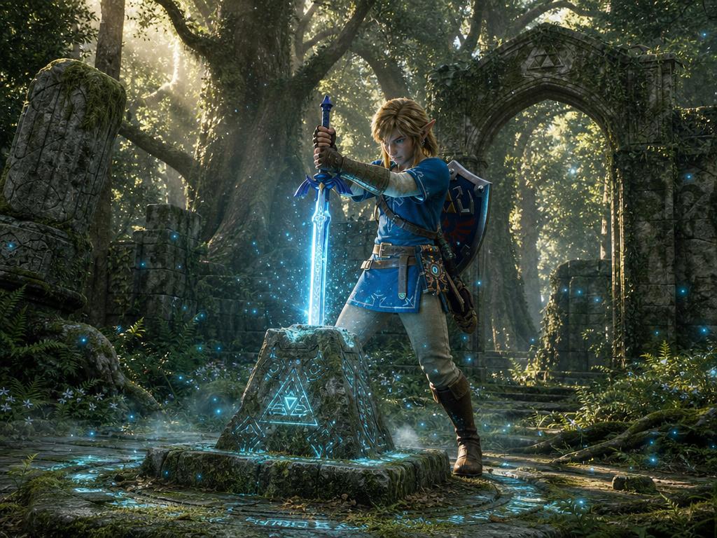 {argument name="personnage" default="Link"} qui retire la {argument name="objet" default="Master Sword"} de s… - AI提示词参考图，来自西西提示词