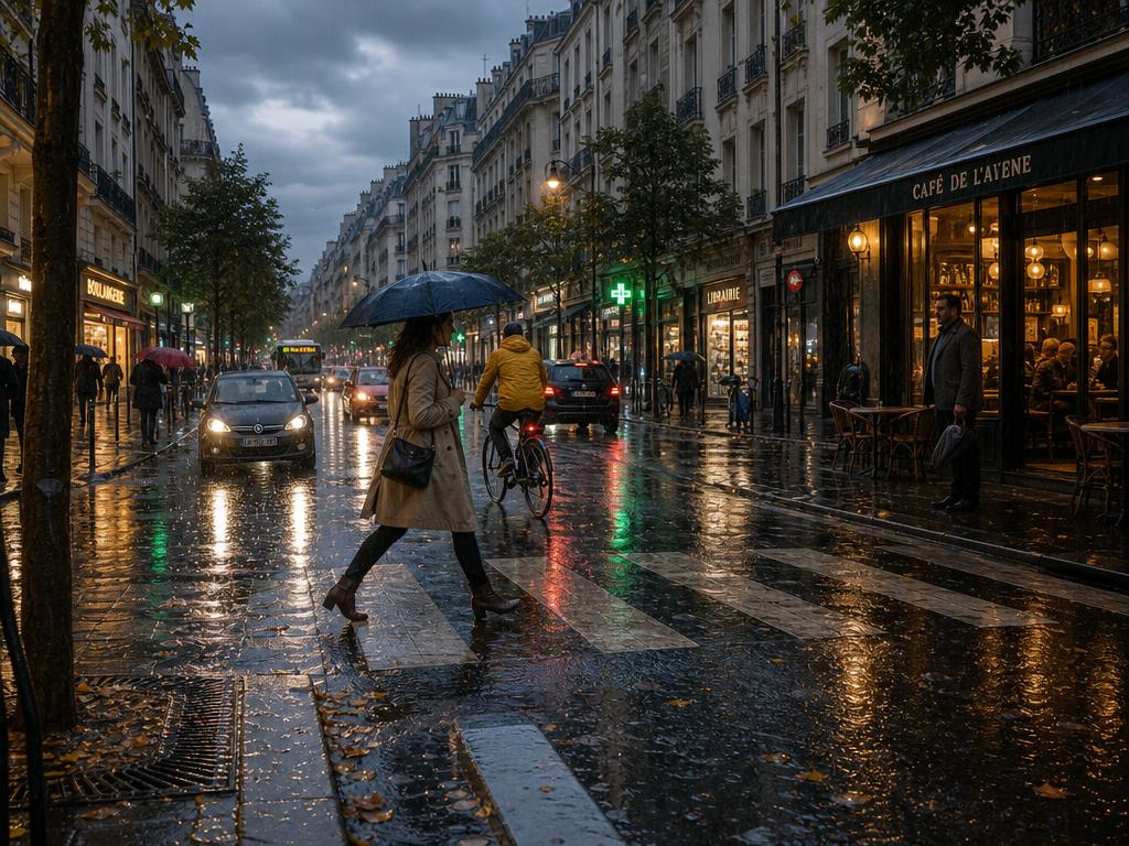 une scène de {argument name="lieu" default="rue française"} sous une {argument name="météo" default="pluie so… - AI提示词参考图，来自西西提示词