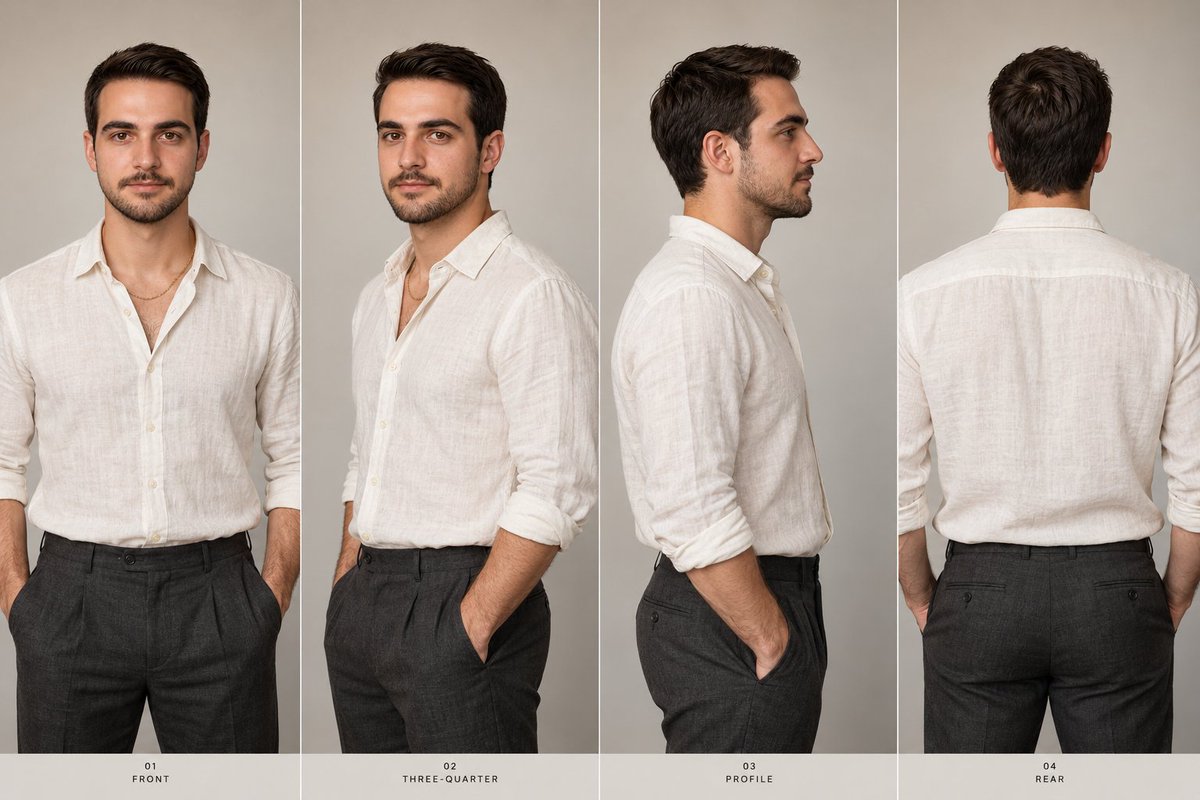 MAN — FILM CHARACTER SHEET Multi-panel studio photographs of the same real man across four panels: front-faci… - AI提示词参考图，来自西西提示词