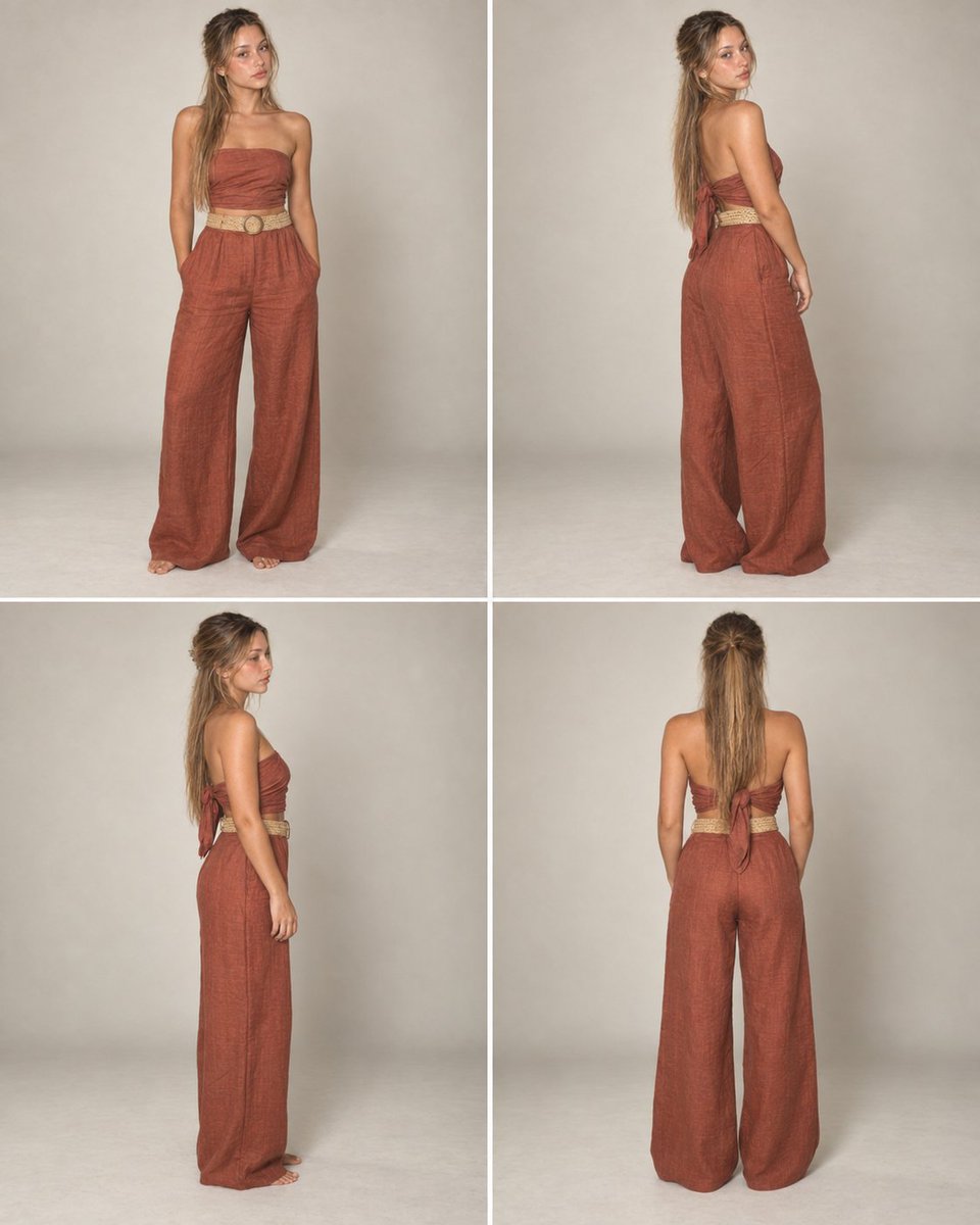 Multi-panel studio photographs of the same real woman across four panels: front-facing, three-quarter turn, f… - AI提示词参考图，来自西西提示词