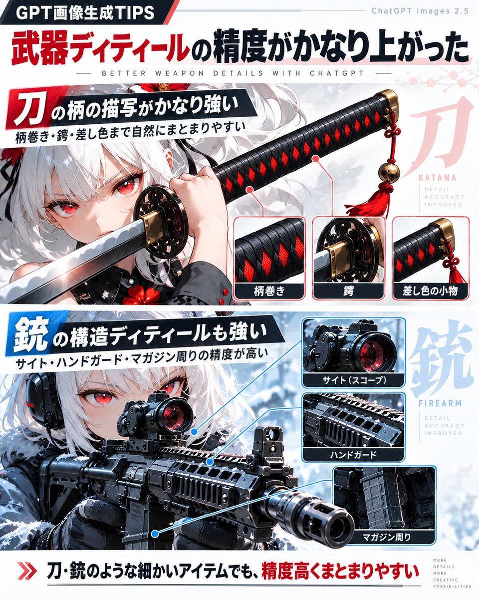 Enhance the details of the katana hilt. Naturally organize the handle wrap, guard, fittings, and accent acces… - AI提示词参考图，来自西西提示词
