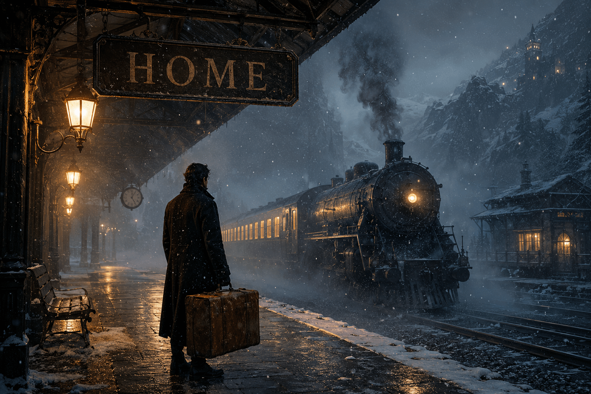 { "title": "The Last Train Home", "image_description": "A breathtaking cinematic scene at an {argument name=\… - AI提示词参考图，来自西西提示词