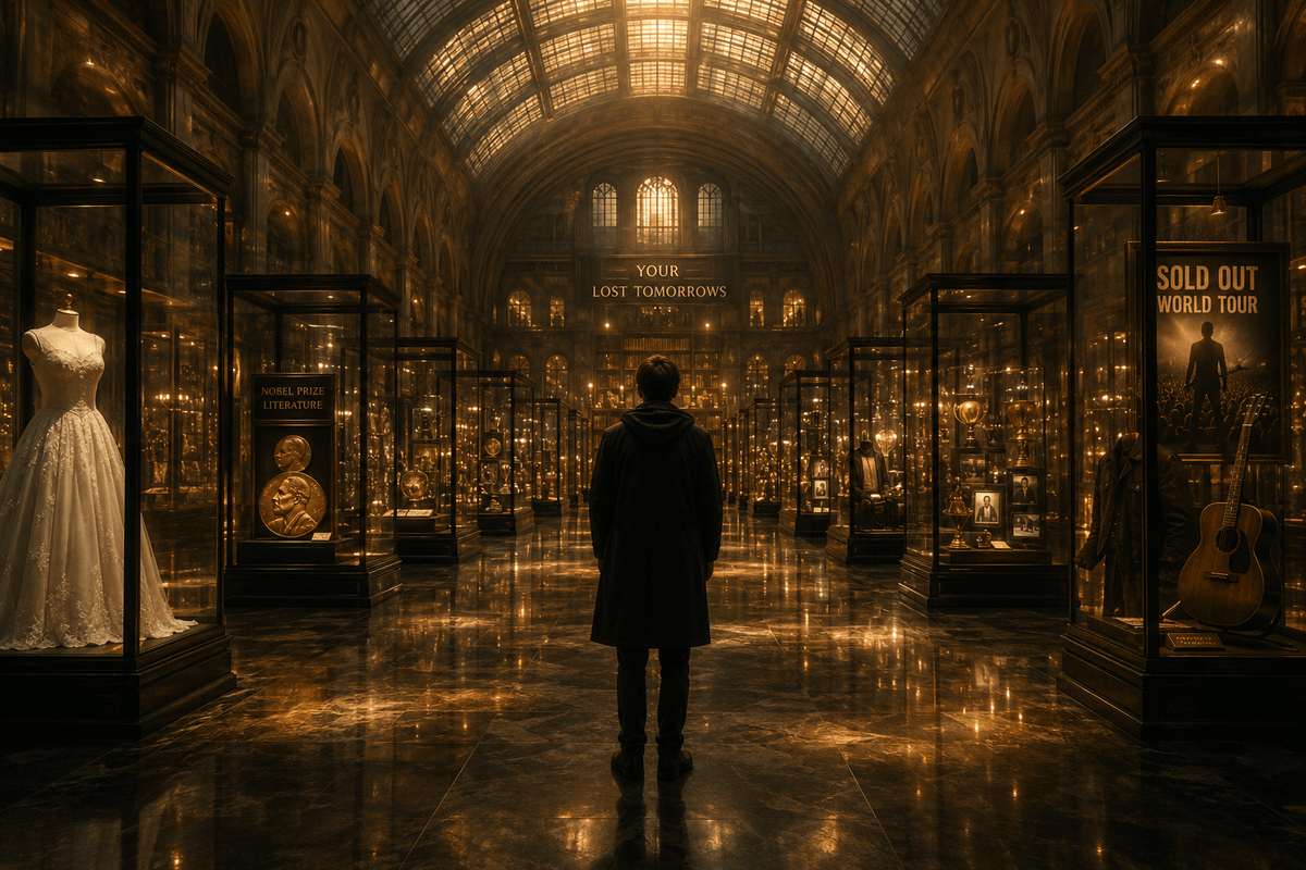 { "title": "The Museum of Lost Tomorrows", "image_description": "A vast {argument name=\"location\" default=\… - AI提示词参考图，来自西西提示词