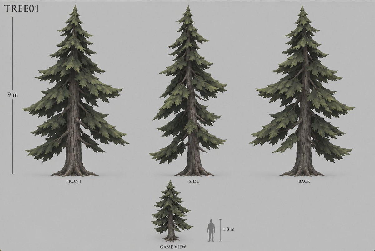 Goal: Create a clean game-asset concept sheet for a stylized conifer tree labeled {argument name="asset code"… - AI提示词参考图，来自西西提示词