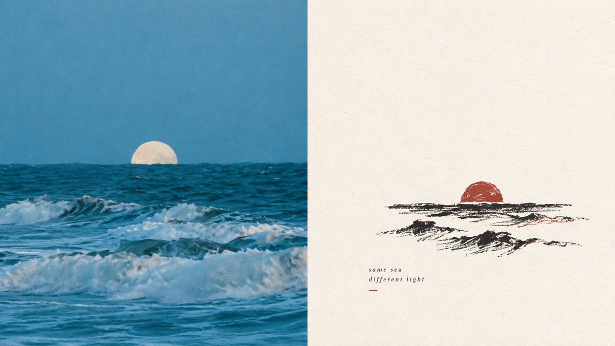 Goal: Create a calm aesthetic diptych wallpaper comparing the same seascape in two visual languages: realisti… - AI提示词参考图，来自西西提示词