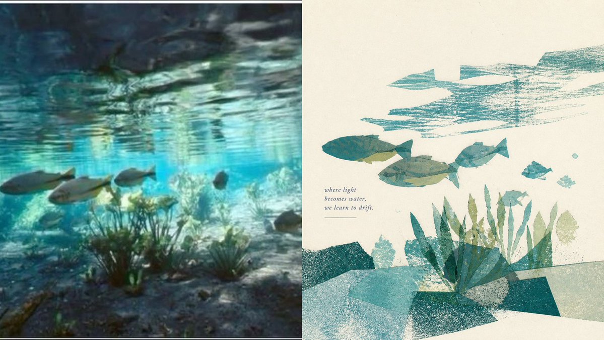 Goal: Create a calm two-panel visual study contrasting an underwater scene with a poetic abstract print inter… - AI提示词参考图，来自西西提示词