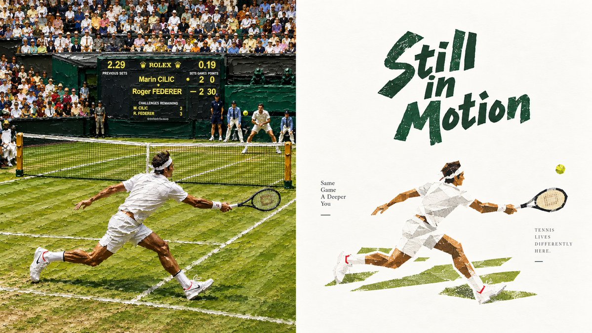 Goal: Create a two-panel editorial sports artwork about {argument name="tennis player" default="Roger Federer… - AI提示词参考图，来自西西提示词