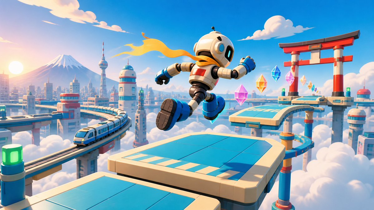 Create a vibrant 3D stylized endless-runner game concept image in a wide 16:9 cinematic frame. Show one cute … - AI提示词参考图，来自西西提示词