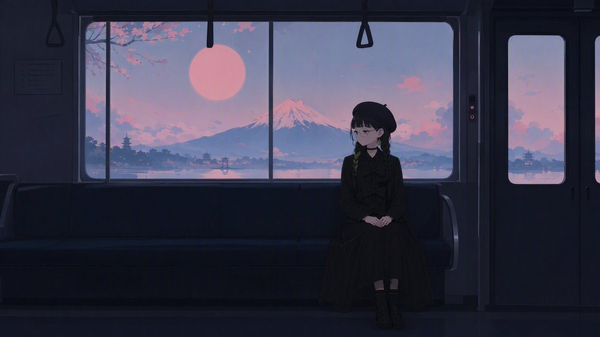 Create a cinematic anime-style illustration of a quiet train interior at dusk, with a melancholic, dreamlike … - AI提示词参考图，来自西西提示词