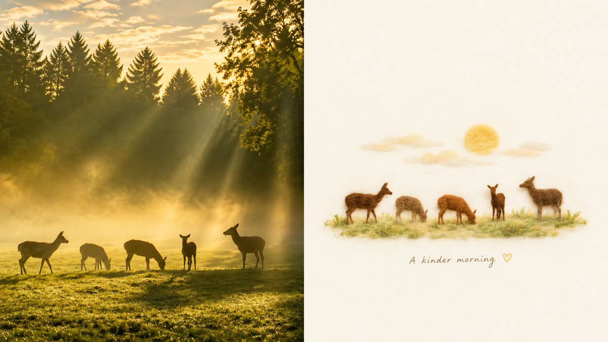 Goal: Create a two-panel horizontal comparison image showing a real-life nature photo transformed into a mini… - AI提示词参考图，来自西西提示词
