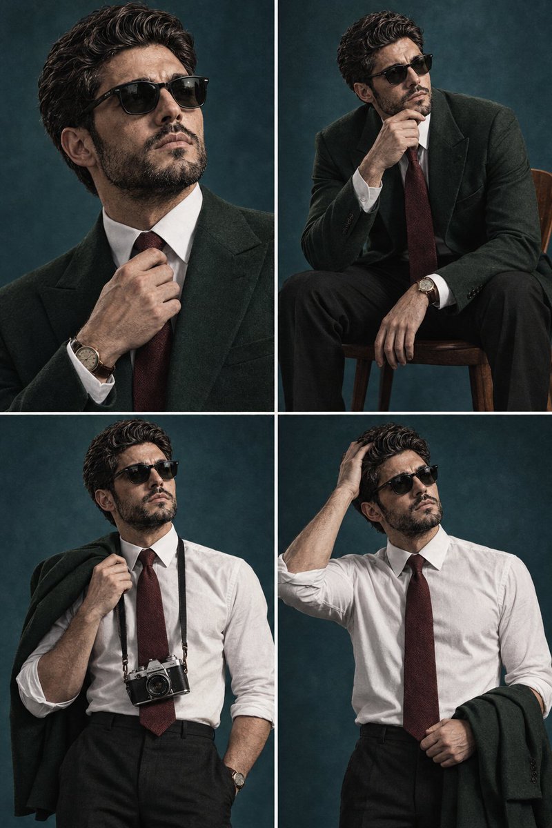 Create a cinematic 2×2 editorial portrait collage of the same fictional young male model, with consistent fac… - AI prompt reference from CC Prompt Galaxy