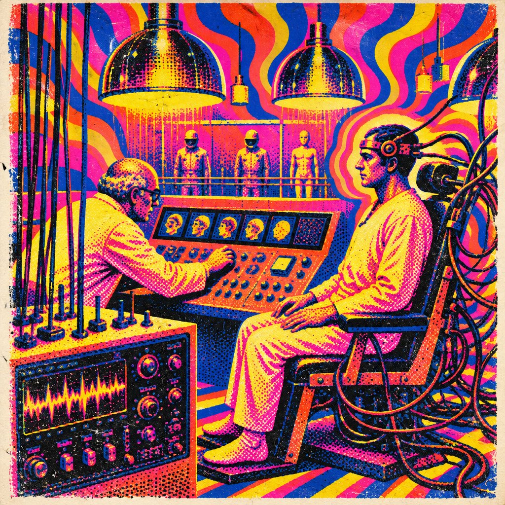 Create a square retro science-fiction laboratory illustration in a bold late-1960s psychedelic screen-print a… - AI prompt reference from CC Prompt Galaxy