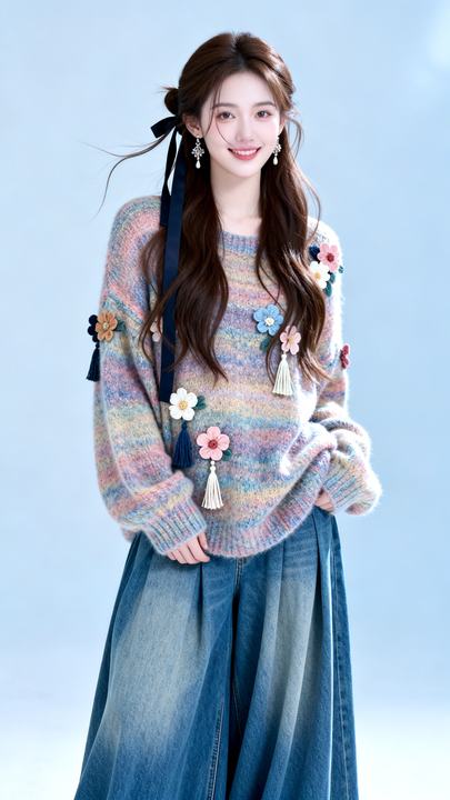 20岁森系美女冷白皮淡妆彩色毛衣牛仔裙