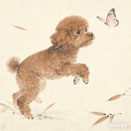 宠物扑蝶工笔画
