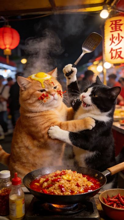 橘猫与黑白猫夜摊打架沾蛋液
