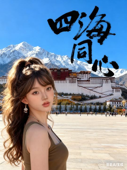 布达拉宫广场雪山背景，人物配文四海同心